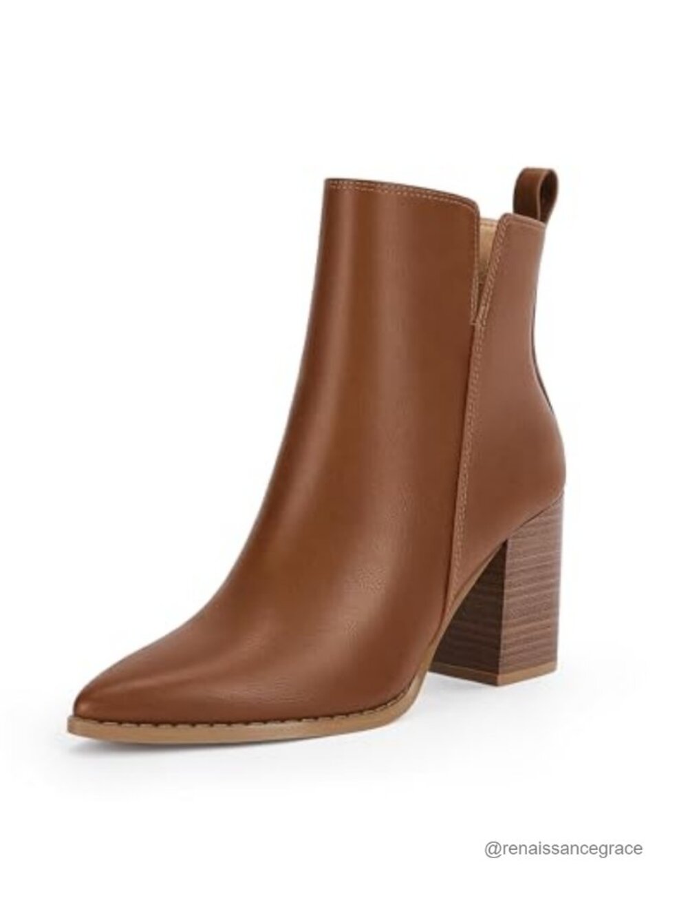 Faux Leather Pointed Toe Ankle Booties Block Heel Side Zip V Cutout